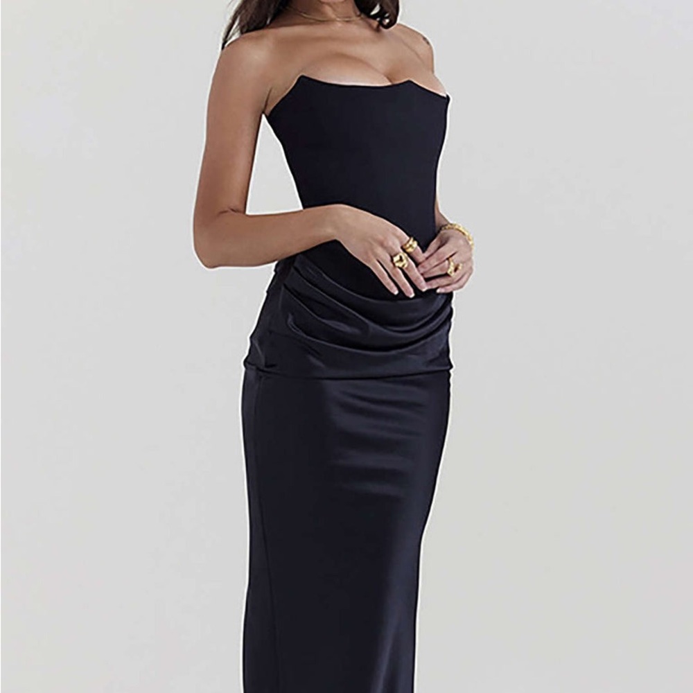 House of CB Persephone Strapless Black Satin Corset Cocktail Maxi Dress
